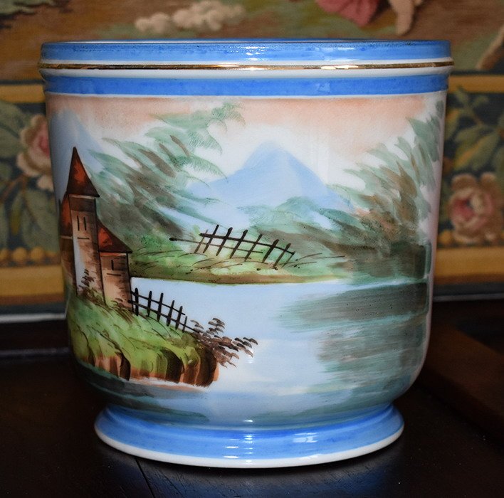 Cache Pot In Limoges Porcelain, Hand Painted, XIXth.-photo-2