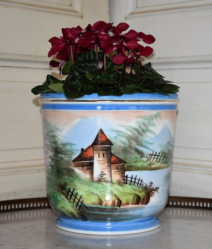 Cache Pot In Limoges Porcelain, Hand Painted, XIXth.-photo-1