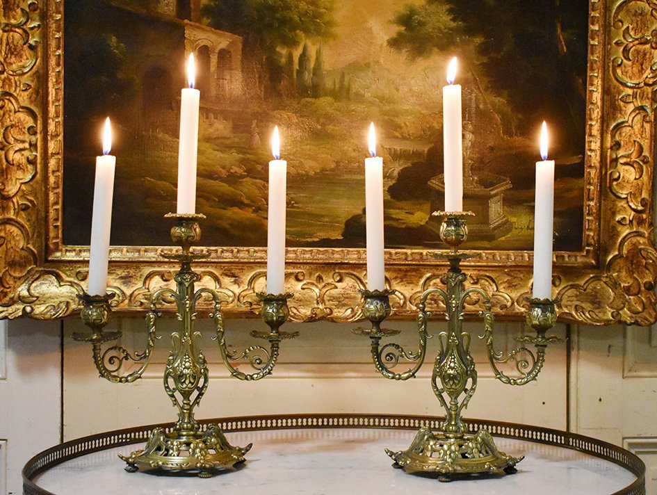 Pair Of Candelabra Three Arms Of Lights, Candlesticks With 3 Lights In Bronze, Candlesticks XIXth.