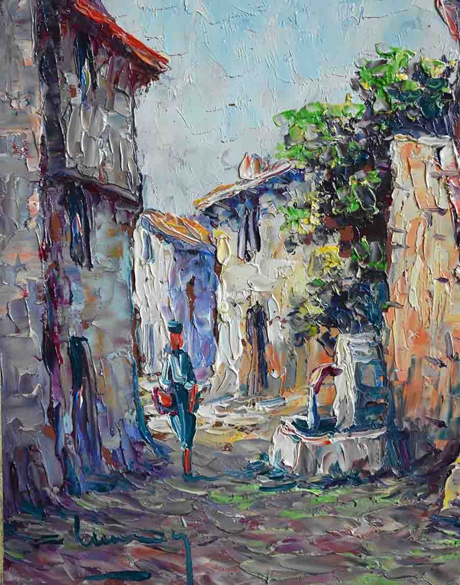 Small Provencal Village Landscape, Lively Alley Scene Painting, Fountain And Character.-photo-3