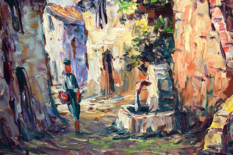 Small Provencal Village Landscape, Lively Alley Scene Painting, Fountain And Character.-photo-4