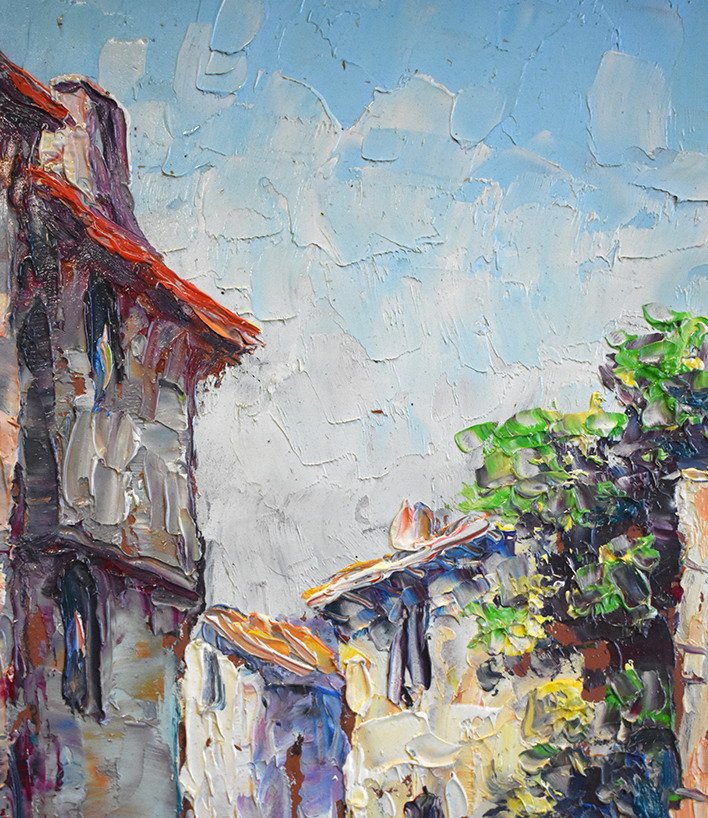 Small Provencal Village Landscape, Lively Alley Scene Painting, Fountain And Character.-photo-2