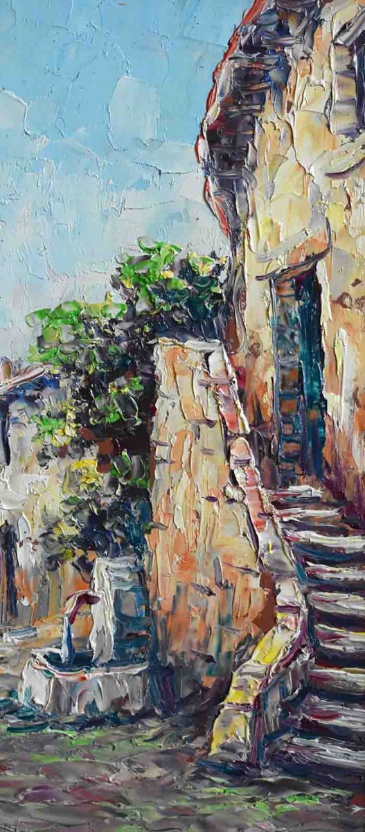 Small Provencal Village Landscape, Lively Alley Scene Painting, Fountain And Character.-photo-3