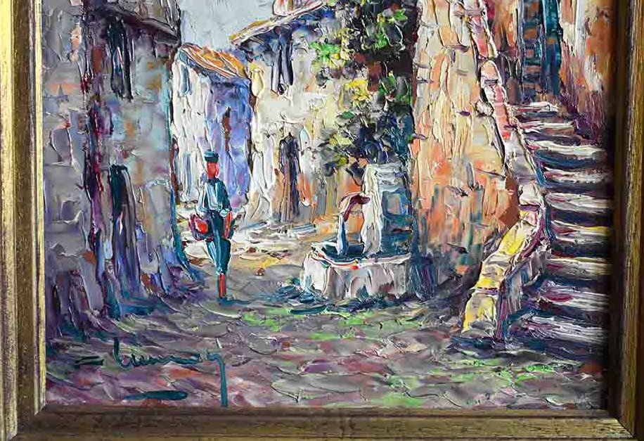 Small Provencal Village Landscape, Lively Alley Scene Painting, Fountain And Character.-photo-4