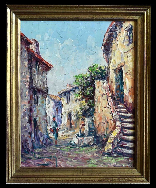 Small Provencal Village Landscape, Lively Alley Scene Painting, Fountain And Character.