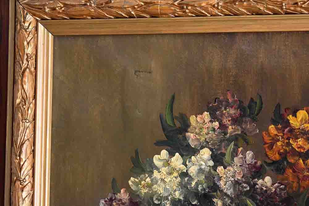 Large Framed Painting Of Alfred Rouby (1849-1909), Table Bouquet Of Flowers On A Table.-photo-7