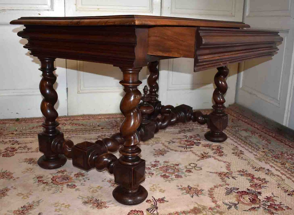 Bureau , Table De Style Louis XIII En Noyer, Pieds Torsad&eacute;s, XIX&egrave;me.-photo-2