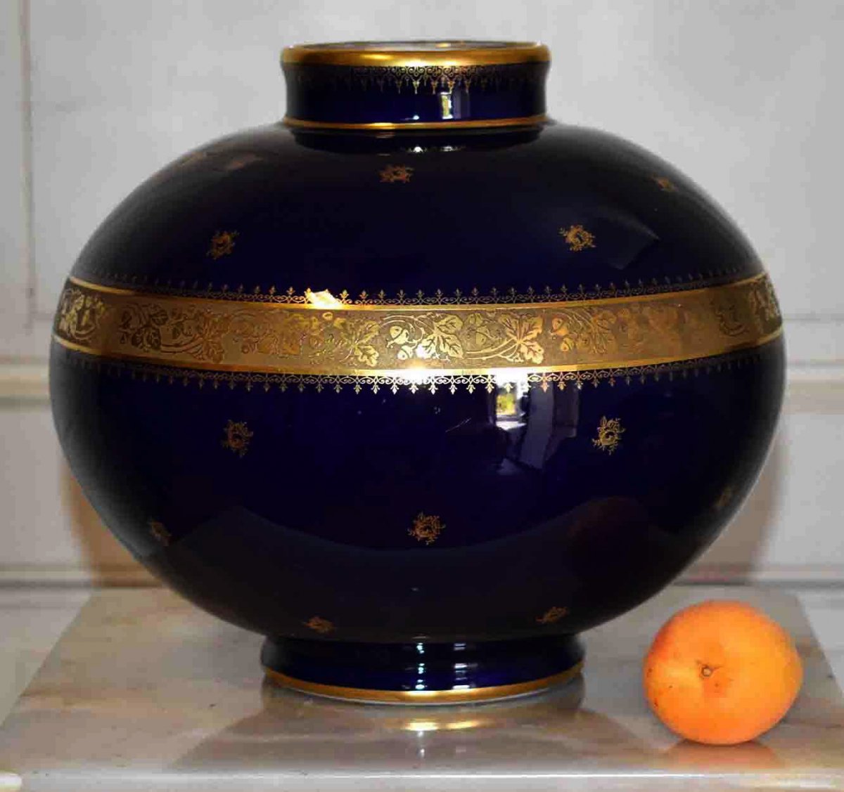 Fontanille - Marraud (1936) Large Ball Vase, Oven Blue And Double Gold Inlay,-photo-3