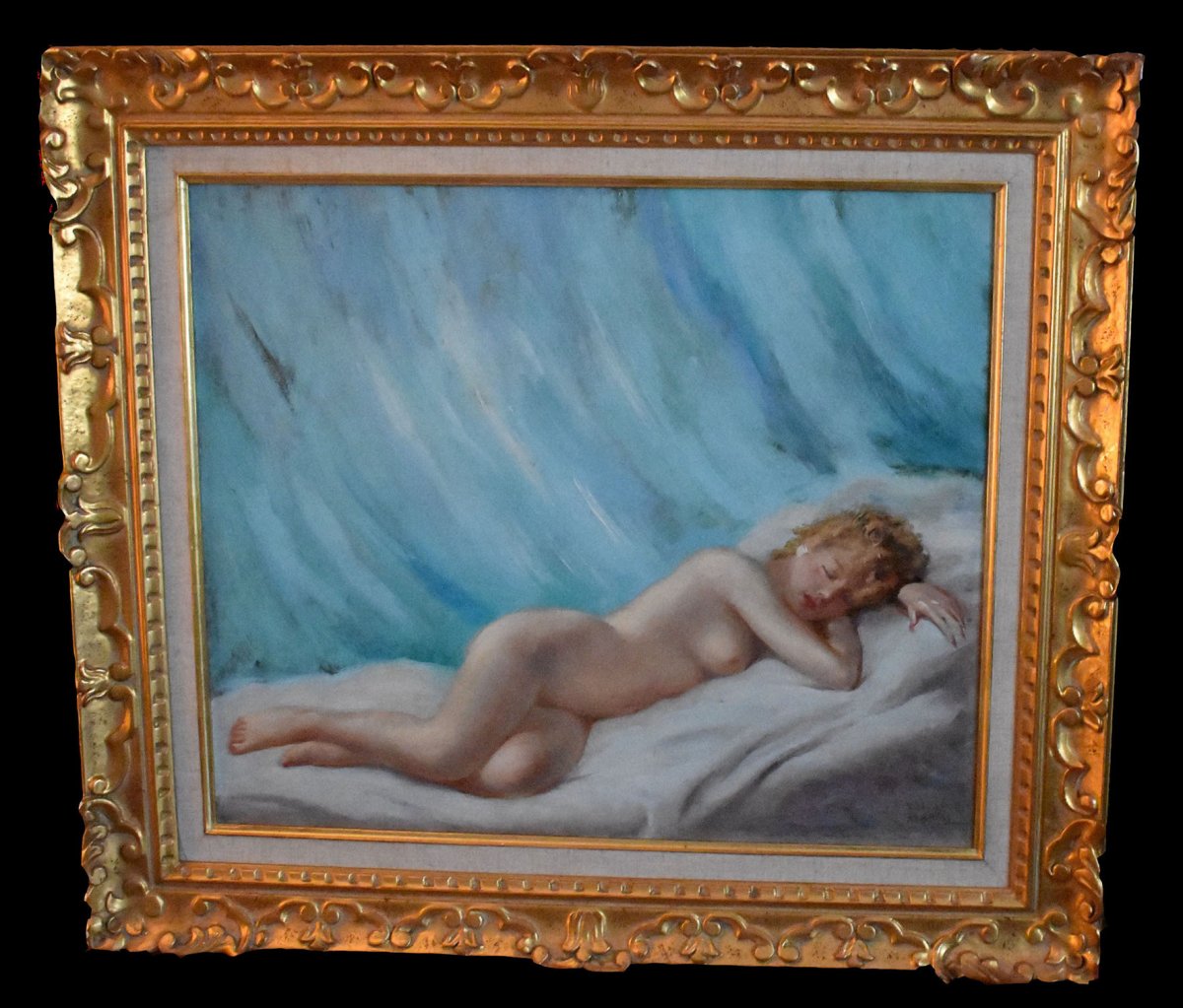 Robert Mahias (1890-1962) Nu Féminin, Tableau Encadré,  Jeune Femme Nue , allongée.