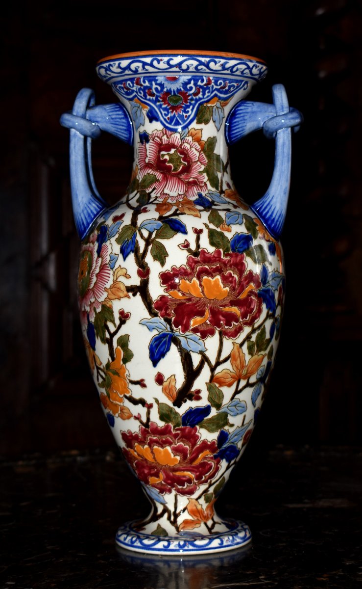 Grand Vase En Fa&iuml;ence De Gien, D&eacute;cor  Floral Aux Pivoines P&eacute;riode 1938.-photo-8