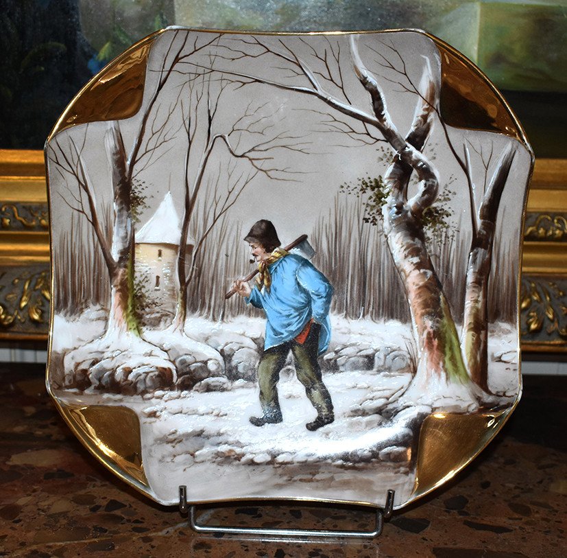 Porcelain Painting, Pair Of Decorative Dishes, Animated Snow Landscape In The Countryside.-photo-1