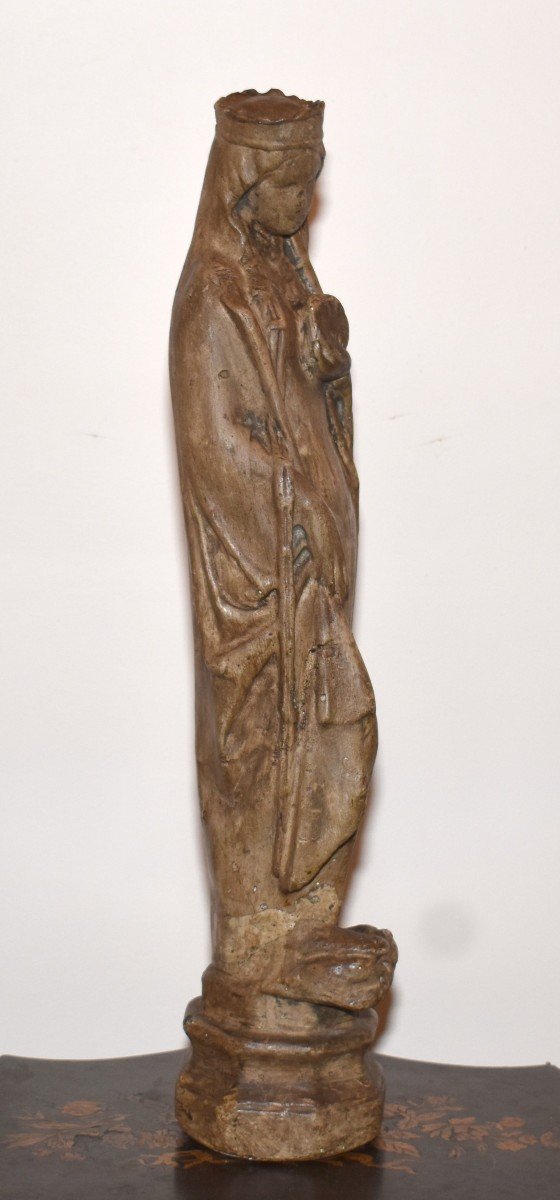 Statue Religieuse En Plâtre Patiné , Vierge à La Croix.-photo-3