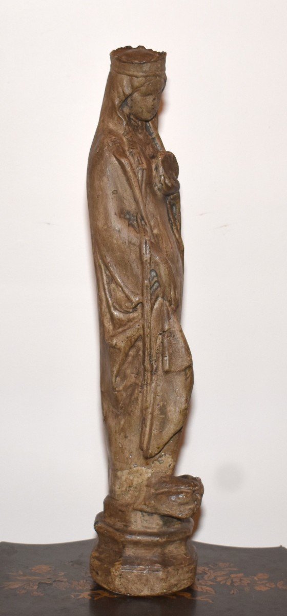 Religious Statue In Patinated Plaster, Madonna With The Cross.-photo-3