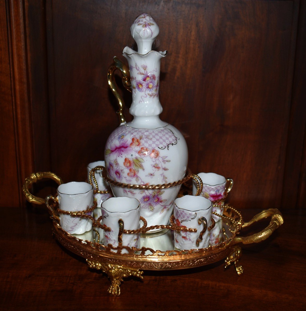 Liqueur Service In Limoges Porcelain On Tray With Mirror Bottom, Bronze And Gilded Brass.-photo-2