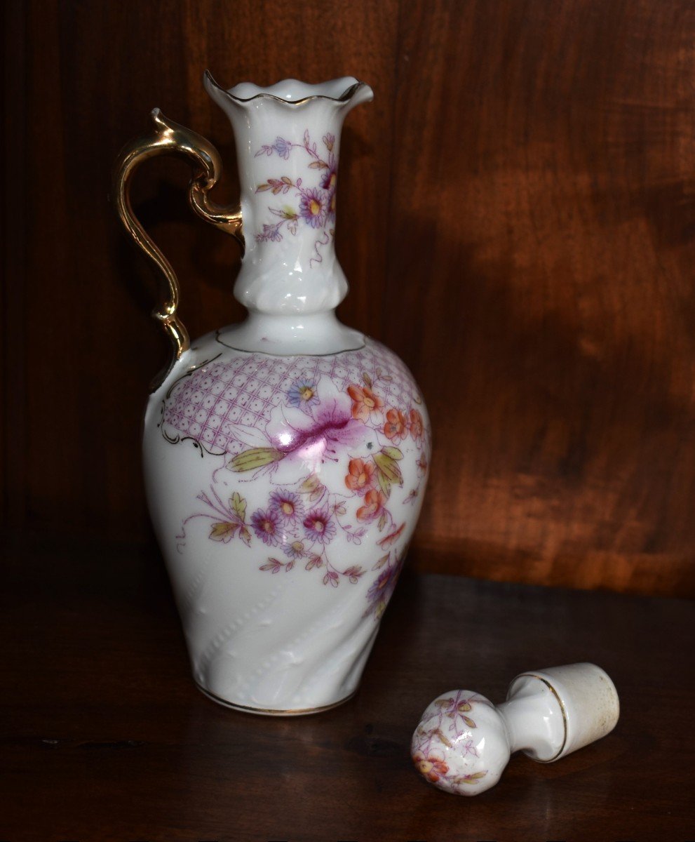 Liqueur Service In Limoges Porcelain On Tray With Mirror Bottom, Bronze And Gilded Brass.-photo-4