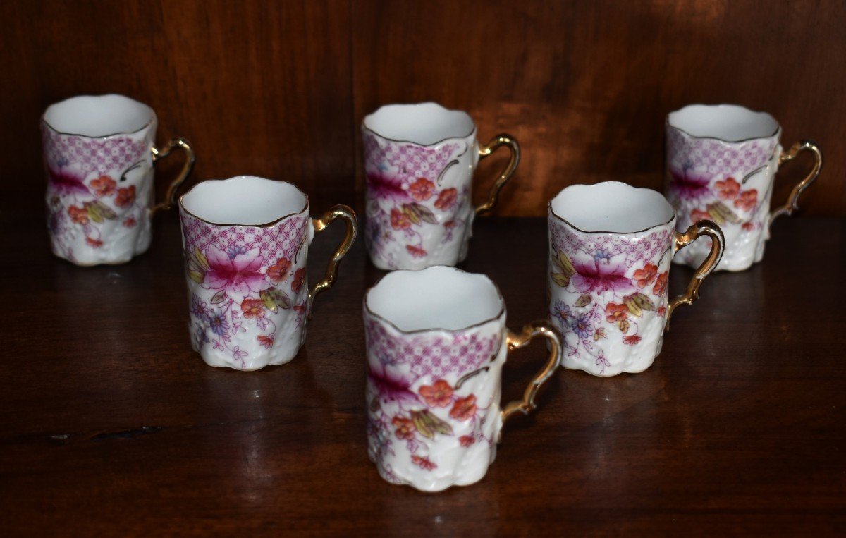 Liqueur Service In Limoges Porcelain On Tray With Mirror Bottom, Bronze And Gilded Brass.-photo-1