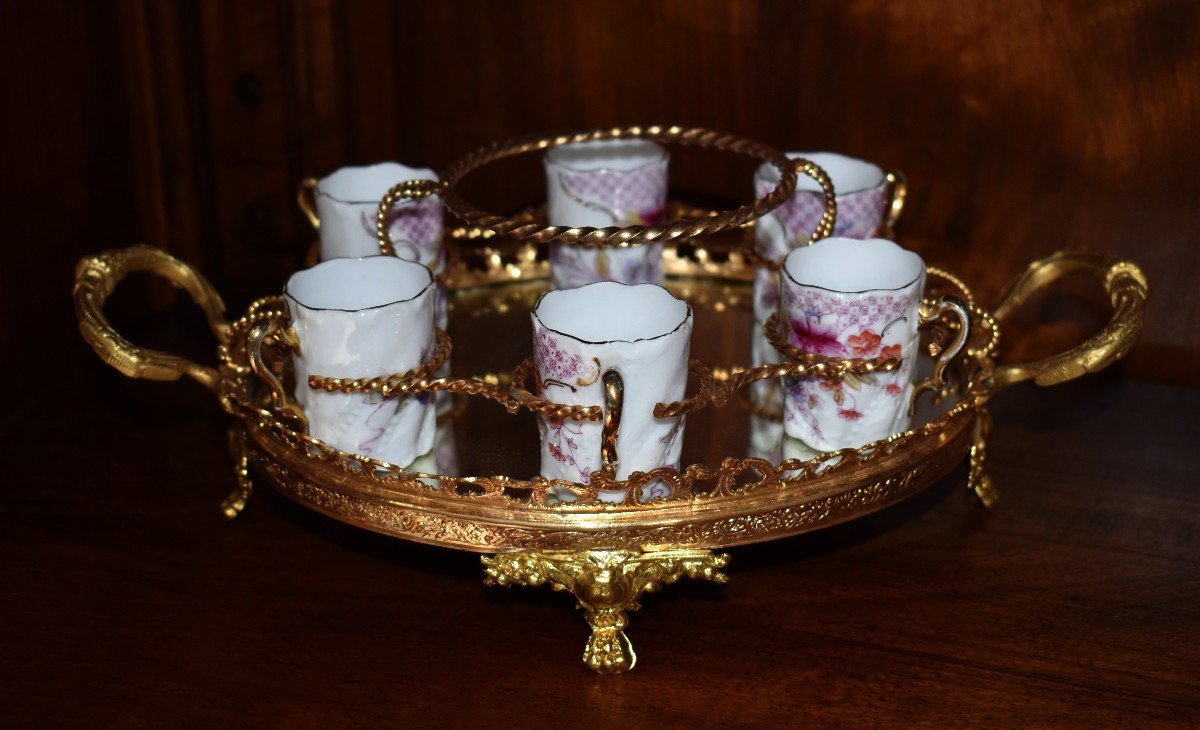 Liqueur Service In Limoges Porcelain On Tray With Mirror Bottom, Bronze And Gilded Brass.-photo-4