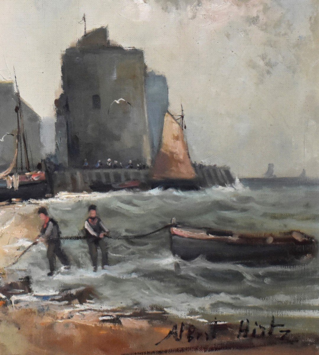 Albert Hirtz. Breton School, Back From Fishing Small Seaside Village, Port Scene-photo-4