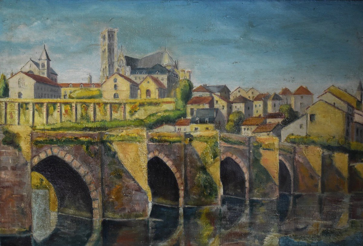 R. Taillandier XIX - XX ,  Paysage Pont Saint Etienne Limoges, Huile Sur Toile Cadre Doré.-photo-2