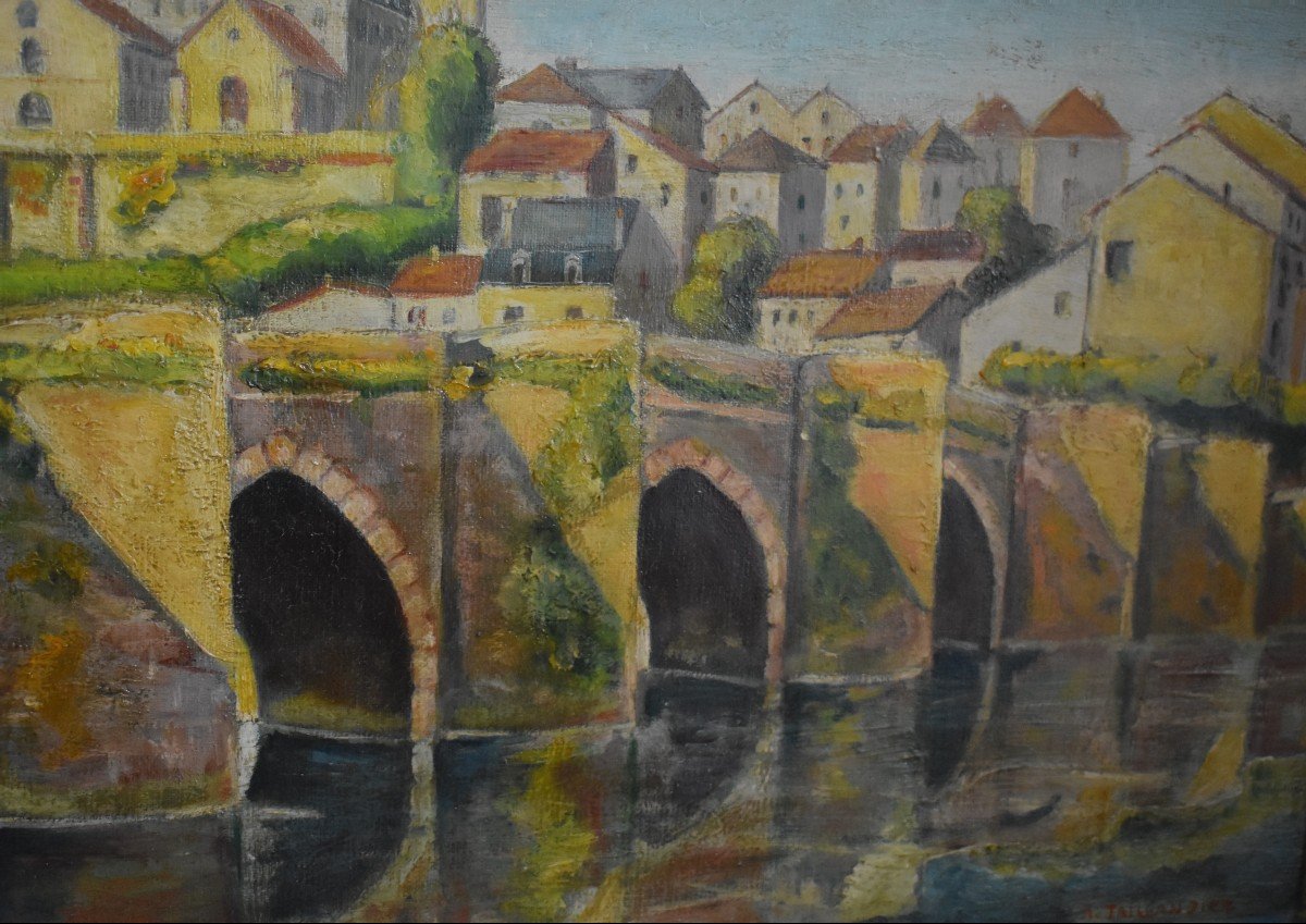 R. Taillandier XIX - XX ,  Paysage Pont Saint Etienne Limoges, Huile Sur Toile Cadre Doré.-photo-3