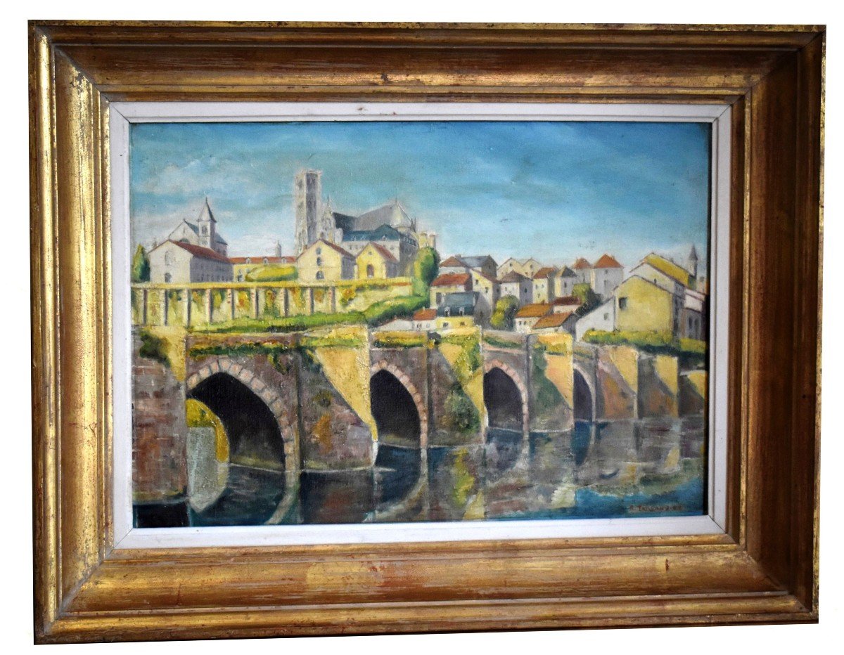 R. Taillandier XIX - XX ,  Paysage Pont Saint Etienne Limoges, Huile Sur Toile Cadre Doré.-photo-7