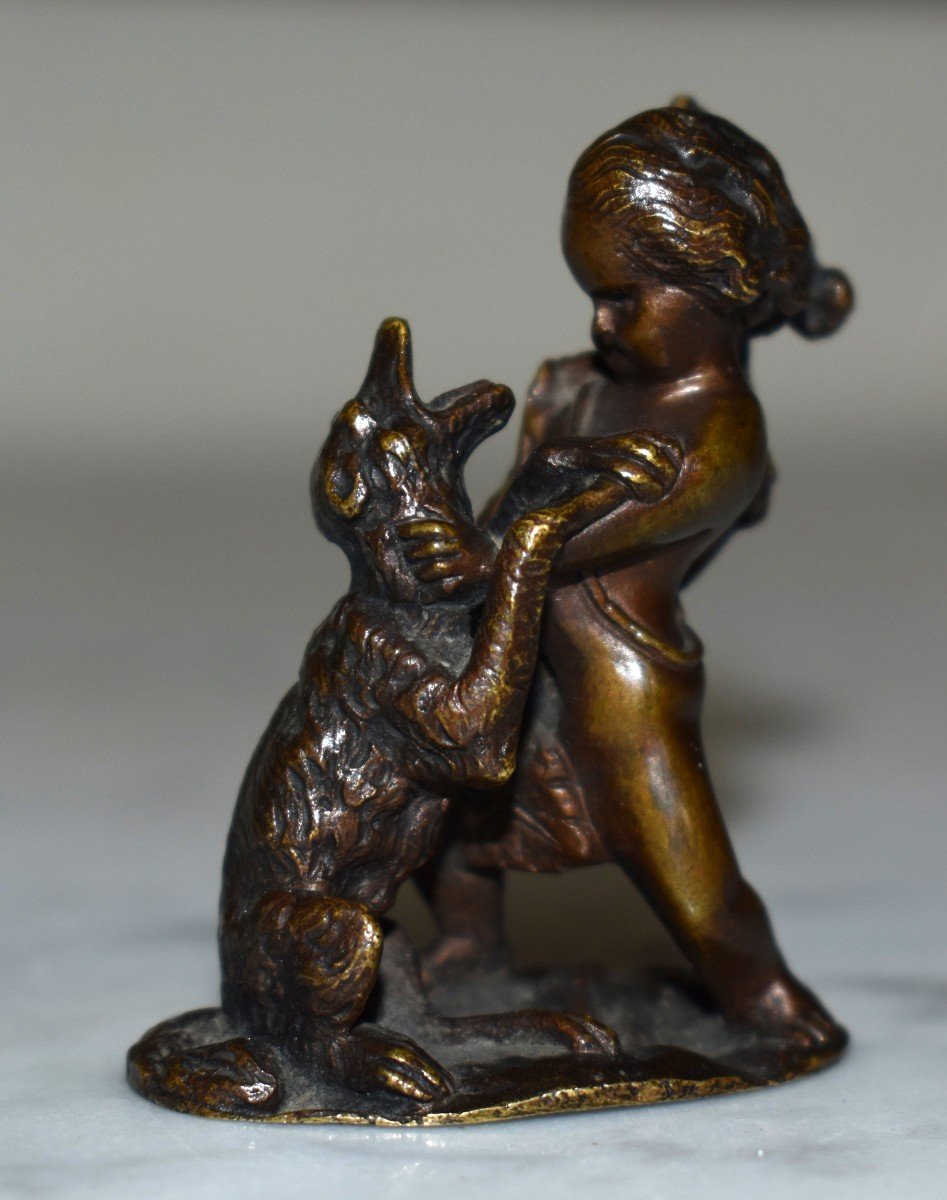 Figurine En Bronze, Statuette, Bronze Sculpture, Cherub And Canidae.-photo-4