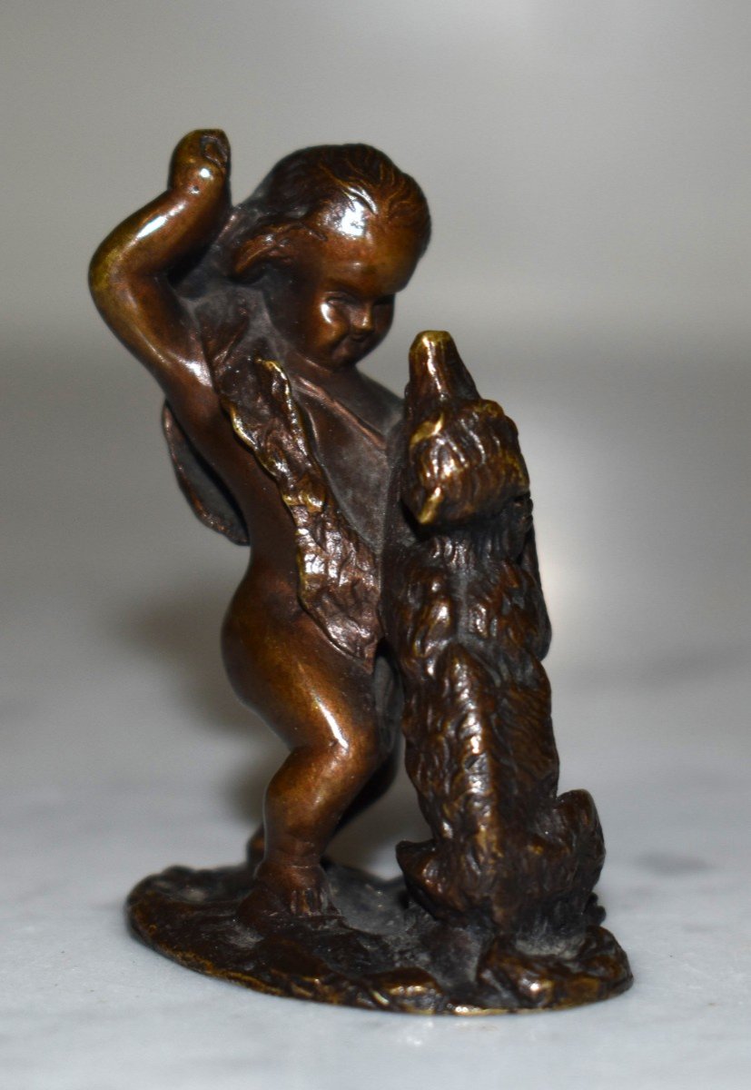 Figurine En Bronze, Statuette, Bronze Sculpture, Cherub And Canidae.-photo-1