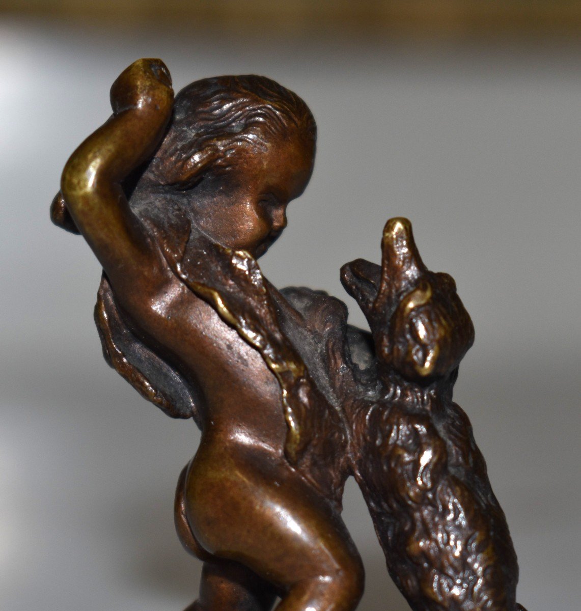 Figurine En Bronze, Statuette, Bronze Sculpture, Cherub And Canidae.-photo-3