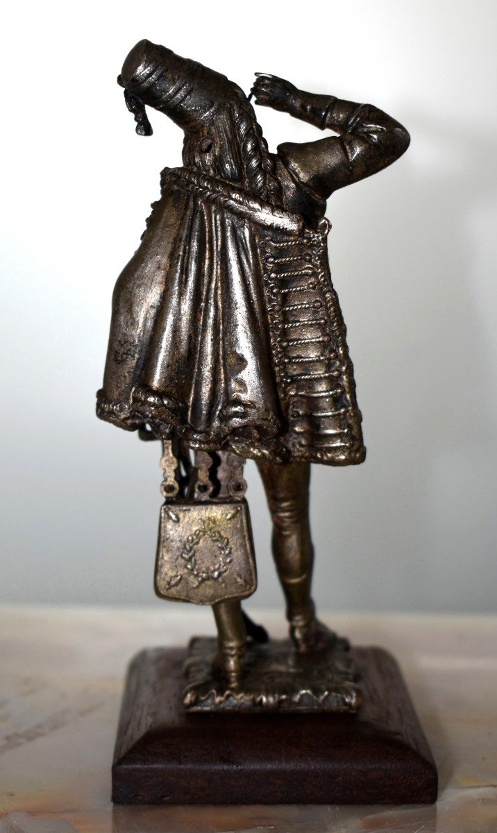 Paire De Statuettes en métal argenté , Figurine Sujet Militaire, Hussard  et  Jeune Fille,  Soldat en costume militaire, Premier Empire, Napoléon.-photo-2