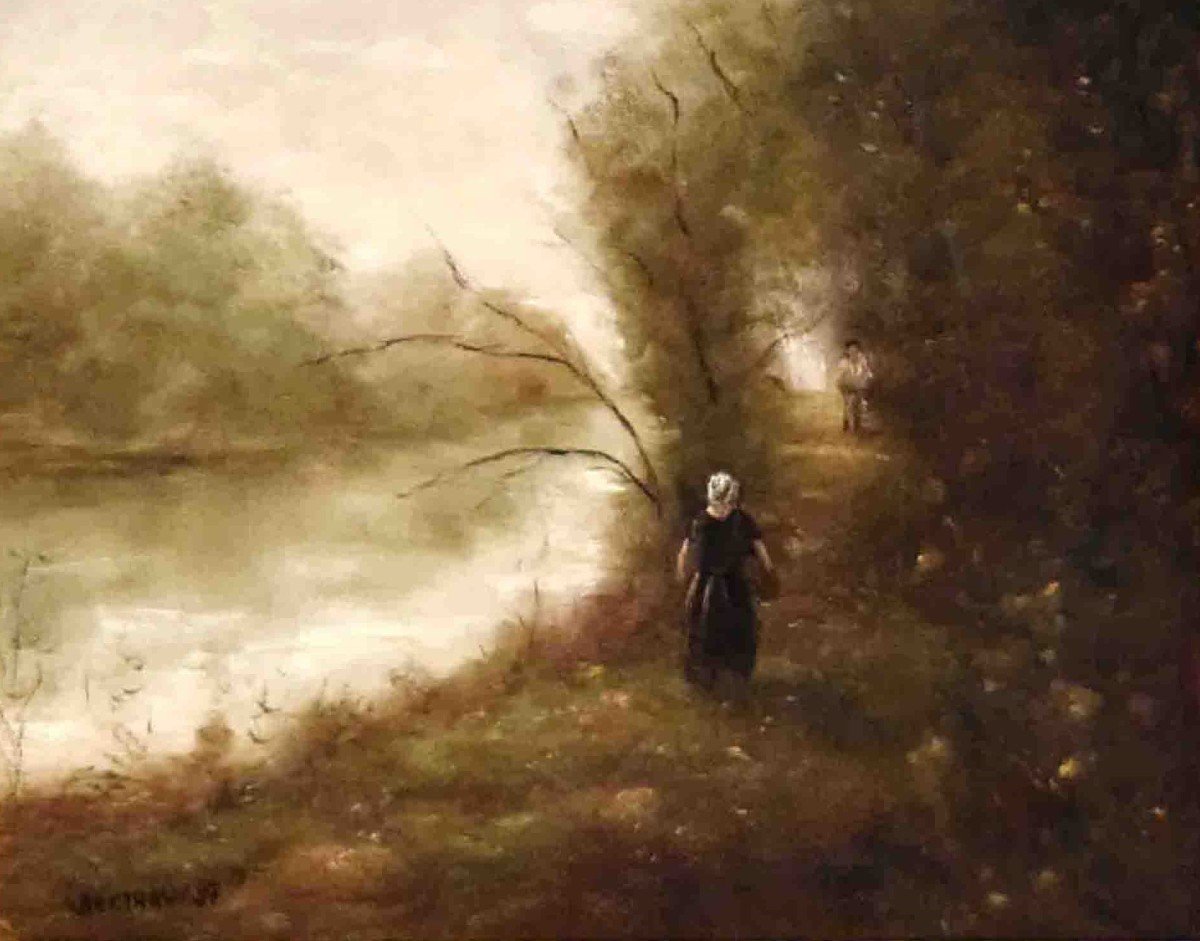 Berthaux, Paysage Animé, Tableau Huile Sur Toile,  Bord De Rivière,  scène champêtre.-photo-3