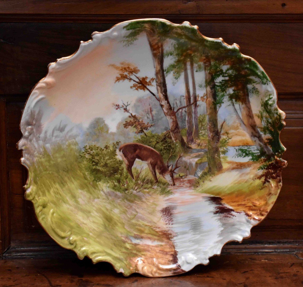 Headdress The Young (1887) Pair Of Large Decorative Plates Entirely Hand Painted, Deer Decor-photo-4