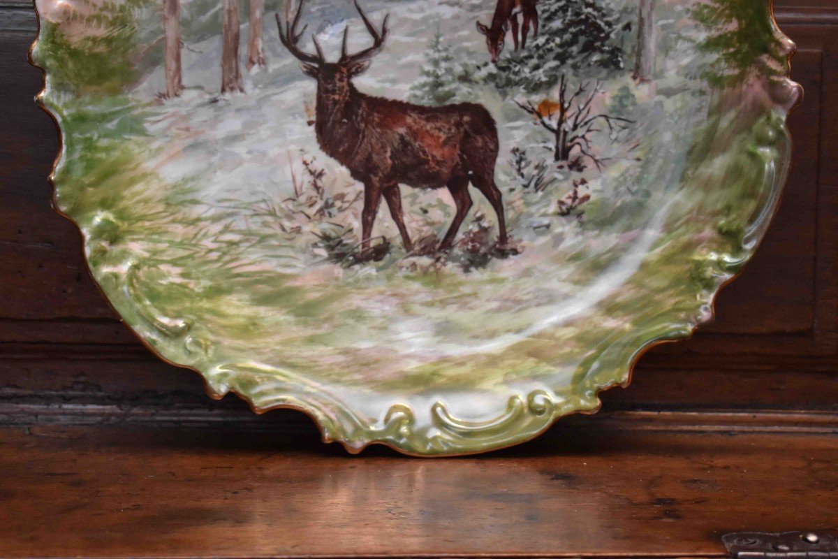 Headdress The Young (1887) Pair Of Large Decorative Plates Entirely Hand Painted, Deer Decor-photo-4