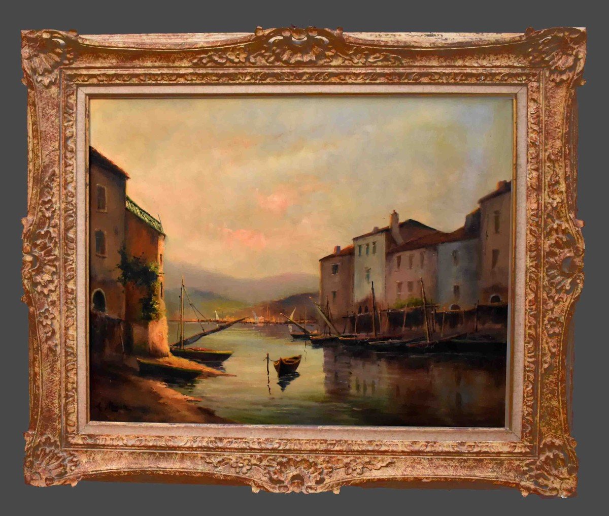 A. Mercier, Marine Painting, Sunrise On A Small Port, Montparnasse Frame-photo-3