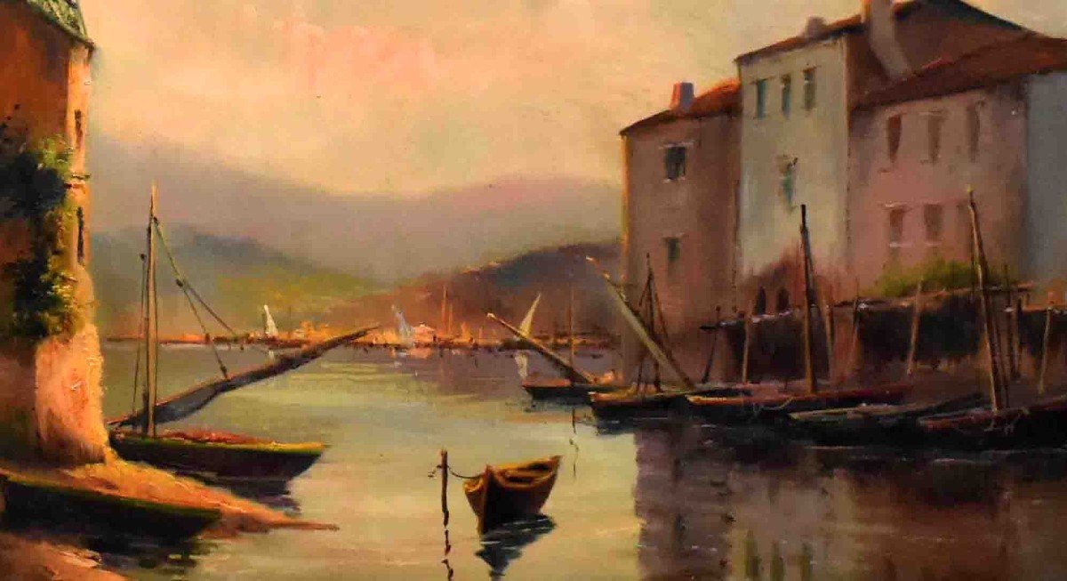 A. Mercier, Marine Painting, Sunrise On A Small Port, Montparnasse Frame-photo-3