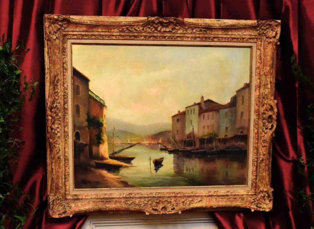 A. Mercier, Marine Painting, Sunrise On A Small Port, Montparnasse Frame