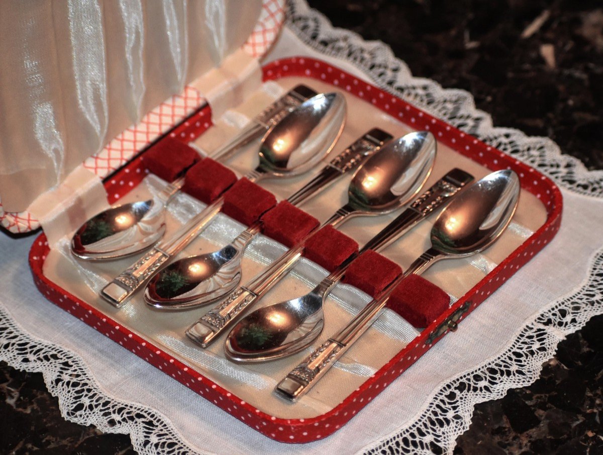 Box Of Six Small Coffee Spoons Or Art Deco Dessert, Box For Set Of 6 Cutlery.-photo-2