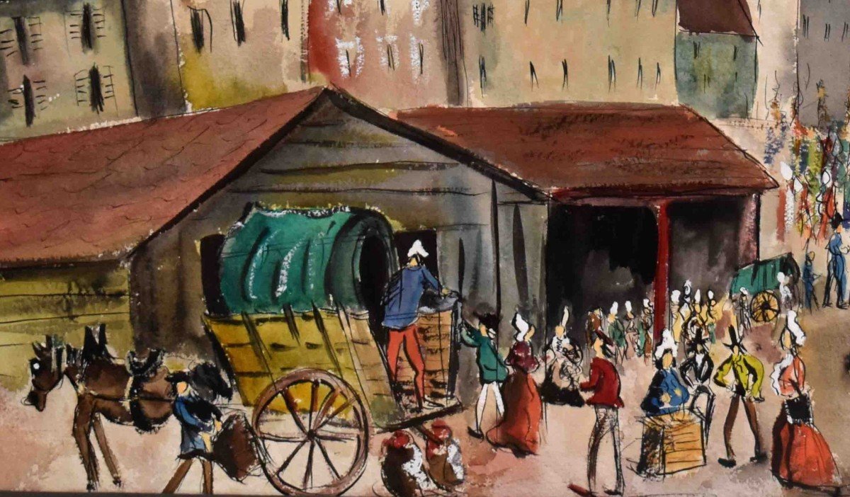 Claude Tabet (1924-1979), Large Watercolor. Street Scene, Lively Square,-photo-4