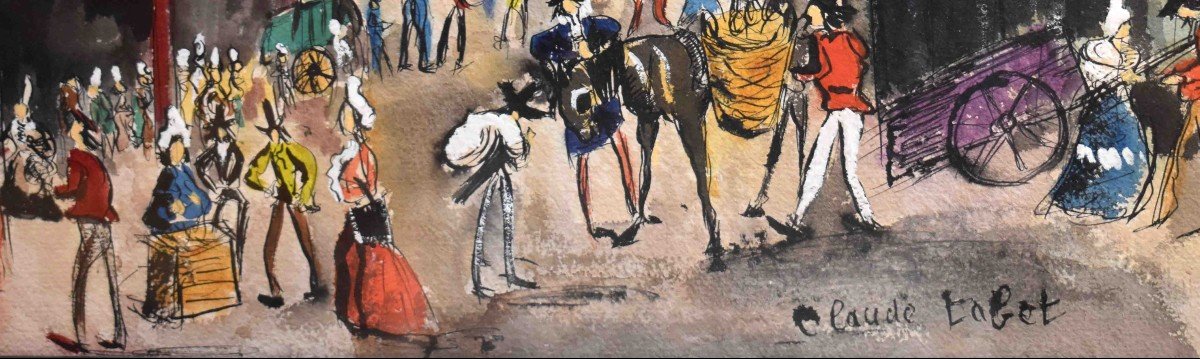 Claude Tabet ( 1924-1979), grande aquarelle . scène de rue, place animée, -photo-3