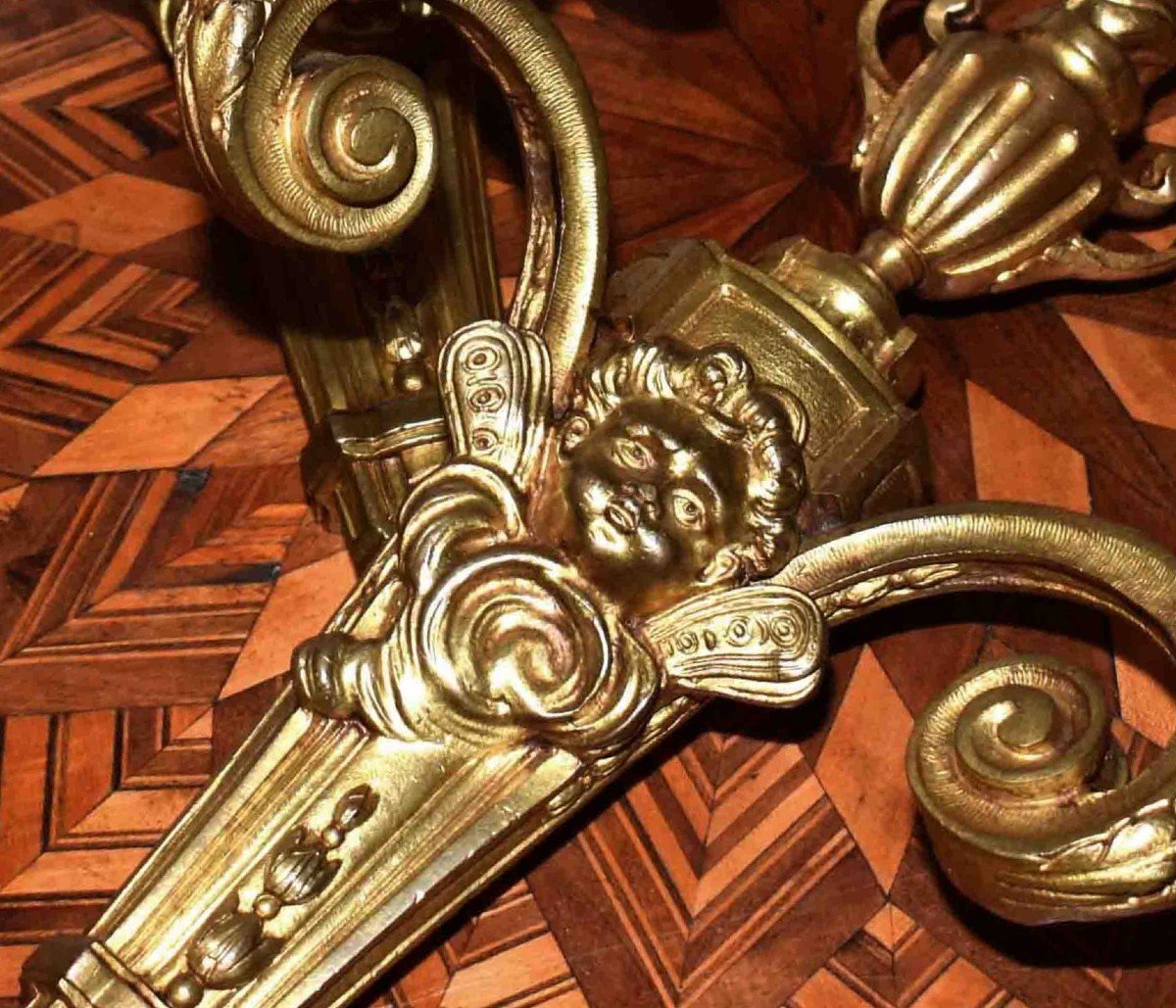 Pair Of Bronze Sconces, Two Arms Of Light With Angelot Decor, Louis XVI Style.-photo-1