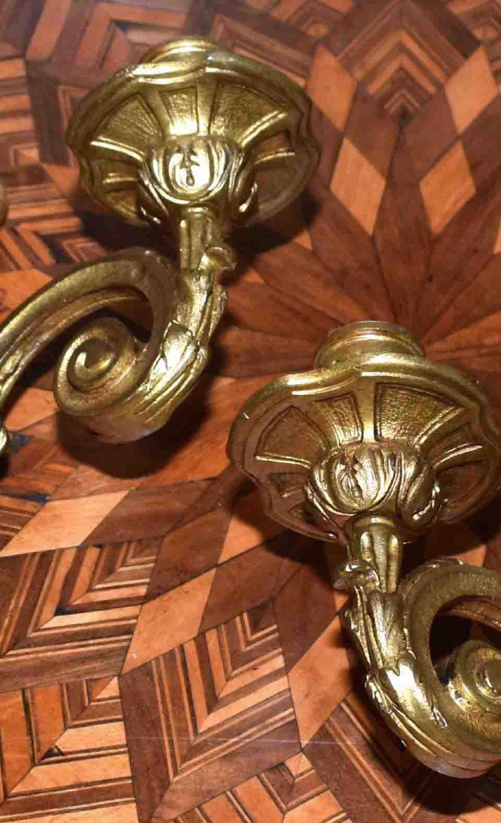 Pair Of Bronze Sconces, Two Arms Of Light With Angelot Decor, Louis XVI Style.-photo-5