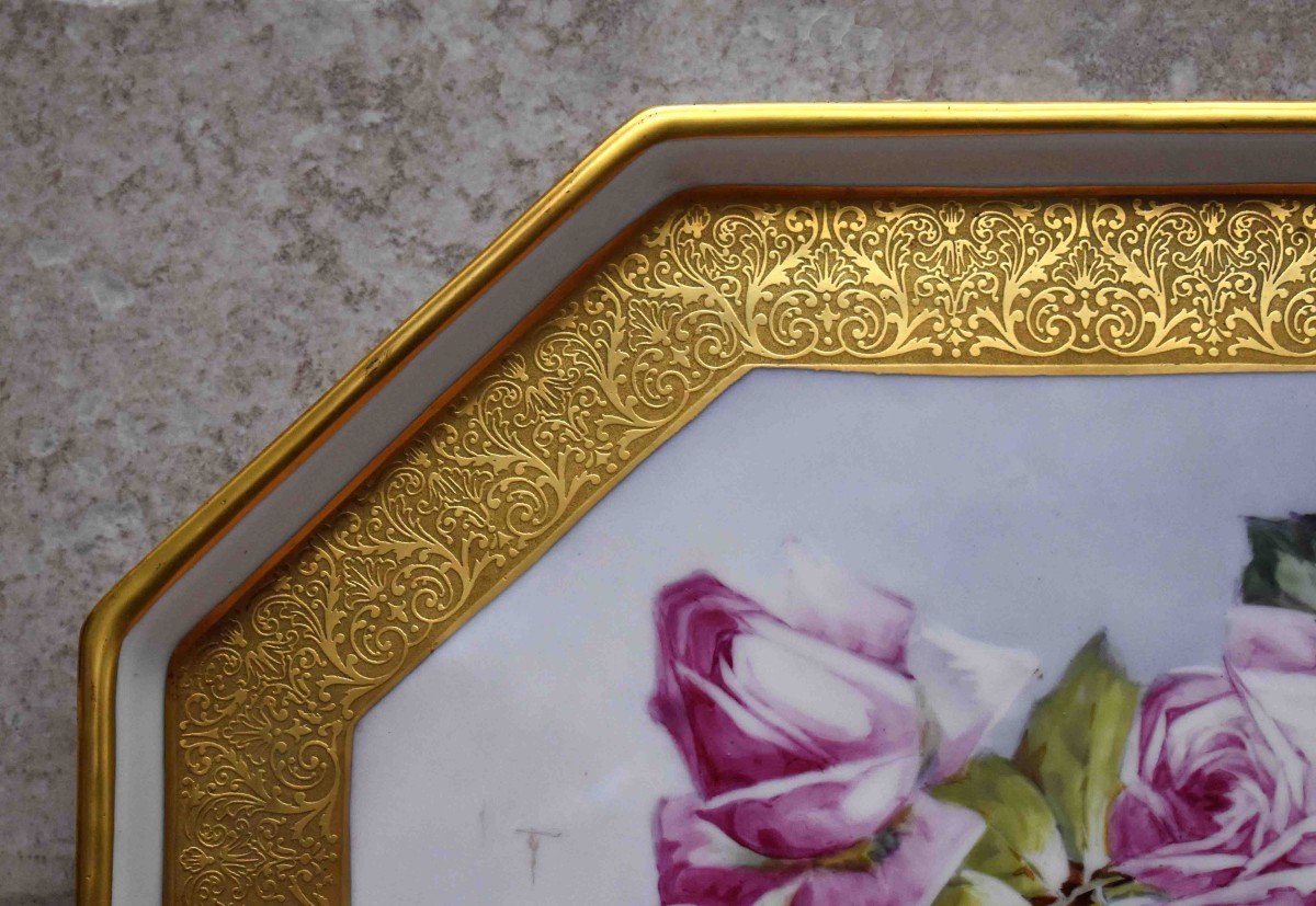 Leroussaud Limoges, Porcelain Painting, Large Decorative Tray, Bouquet Of Roses Decor-photo-4