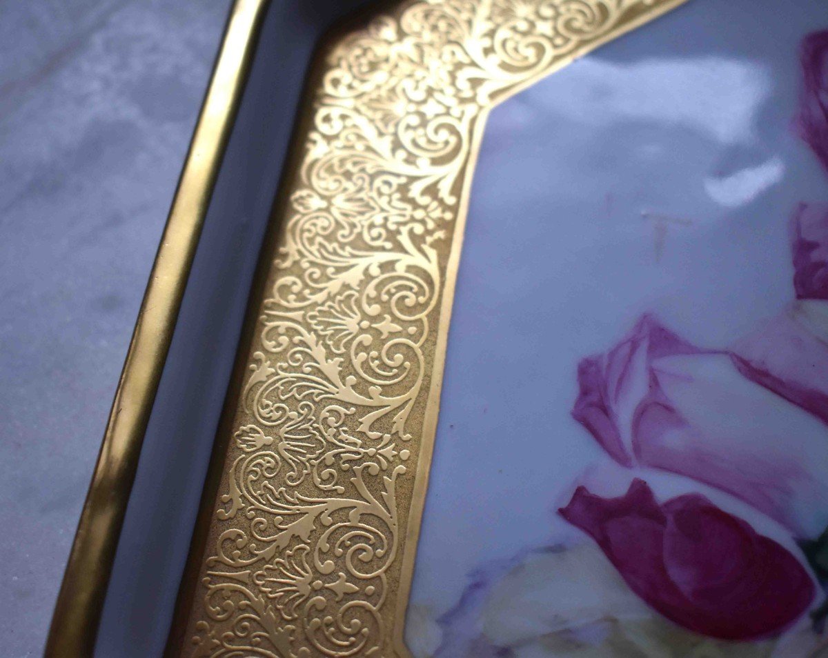 Leroussaud Limoges, Porcelain Painting, Large Decorative Tray, Bouquet Of Roses Decor-photo-7