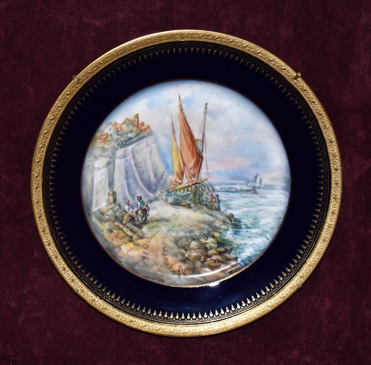 Dubois Limoges, Early 20th Century. Decorative Porcelain Plate, Animated On-board Scene Decor-photo-1