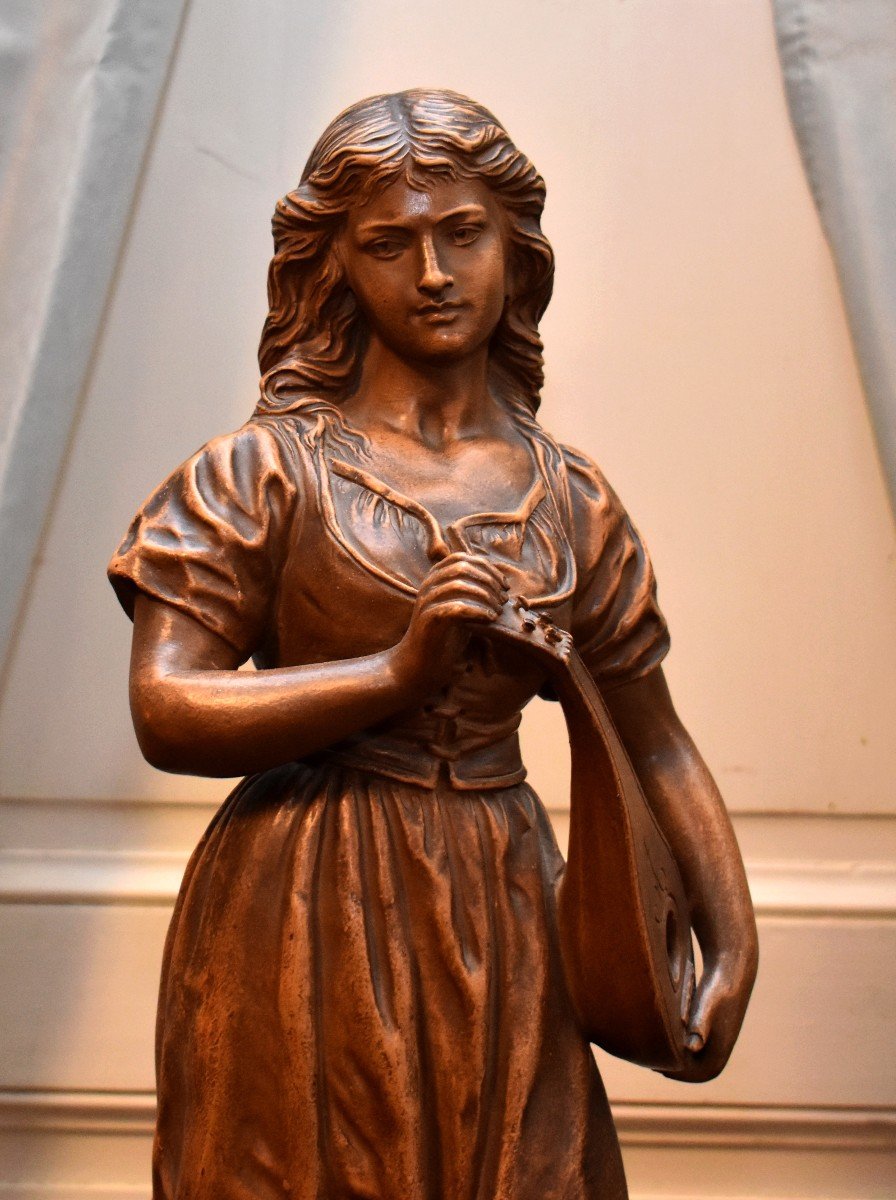 Joseph Le Guluche ( 1849-1915 ). Statue  en Terre Cuite, Sculpture  Jeune Femme à La Mandoline.-photo-1