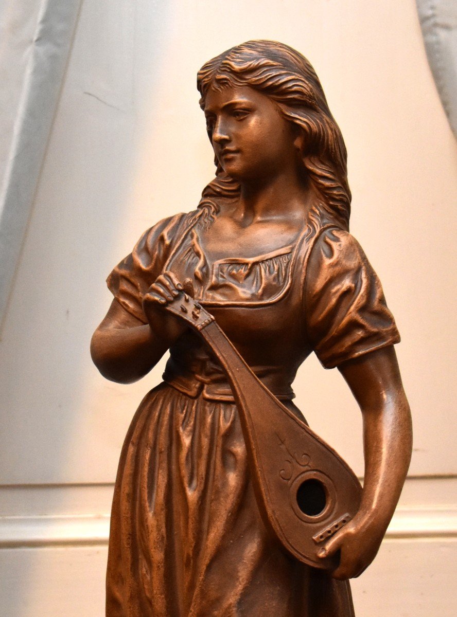 Joseph Le Guluche ( 1849-1915 ). Statue  en Terre Cuite, Sculpture  Jeune Femme à La Mandoline.-photo-3