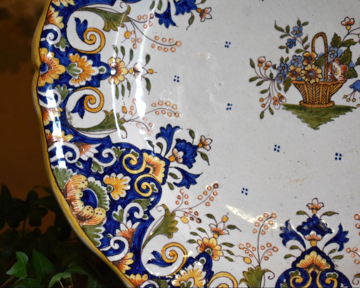 Large Earthenware Dish From Desvres, Fourmaintraux, In The Style Of Rouen Decor Flower Basket And-photo-2