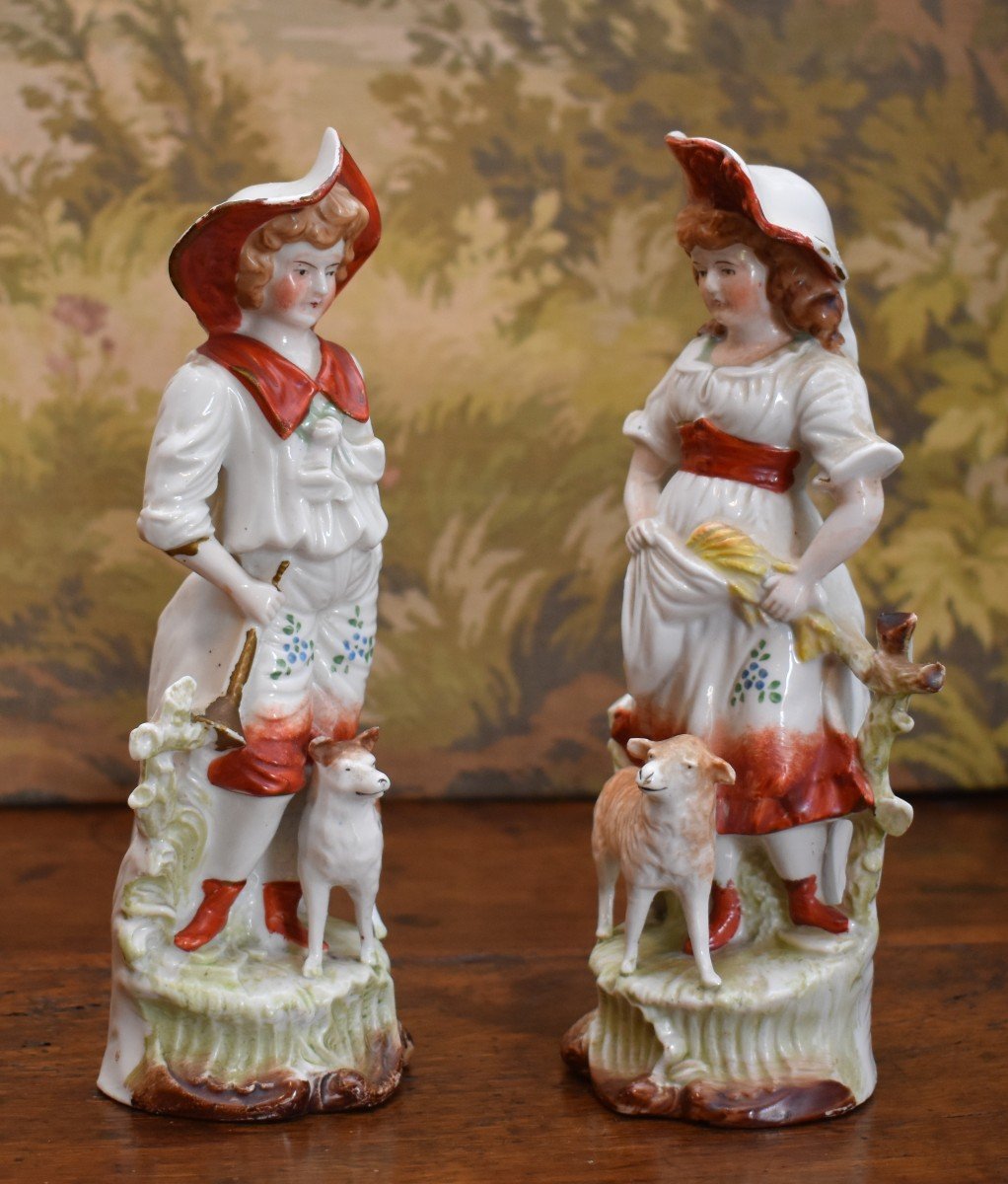 Paire De Figurines Berger Et Bergère, Statuettes En Porcelaine Allemande, Début XXe-photo-2