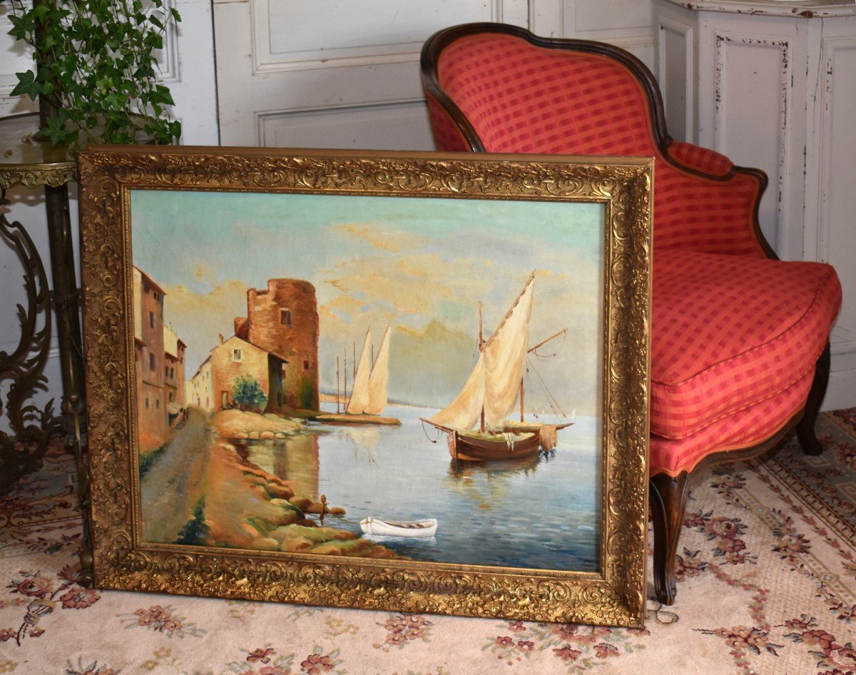 A.dufor. Landscape, Marine, Small Port Of Sea, Golden Frame-photo-2