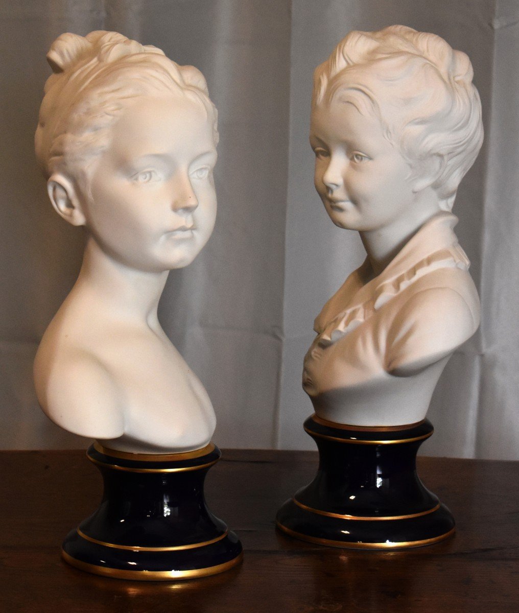 Pair Of Busts Children Brongniart Louise After Houdon, Limoges Porcelain Statues-photo-2