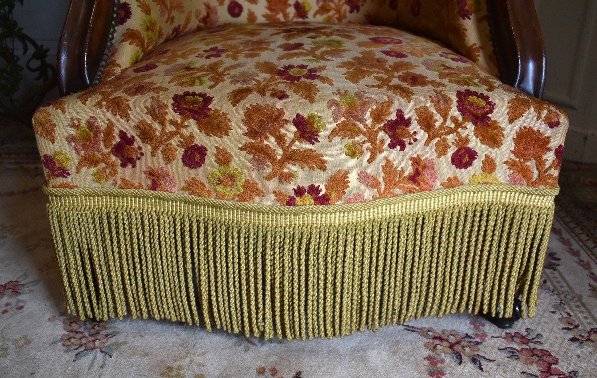 Bergere Gondola From The Mid-19th Century, Genoa Velvet And Fringe Chair-photo-1